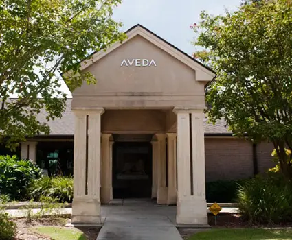 - Paris Parker Aveda Salons and Spas - Baton Rouge, New Orleans, Mandeville, LA The entrance to an Aveda Salon building with columns, surrounded by trees and landscaping, welcomes guests seeking a luxurious haircut on a sunny day. - Paris Parker Aveda Salons and Spas - Baton Rouge, New Orleans, Mandeville, LA