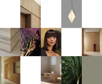 - Paris Parker Aveda Salons and Spas - Baton Rouge, New Orleans, Mandeville, LA A collage of interior design elements, including minimalist rooms, natural materials, a modern light fixture, a woman with a balayage haircut, plants, and artwork, arranged in a grid pattern. - Paris Parker Aveda Salons and Spas - Baton Rouge, New Orleans, Mandeville, LA