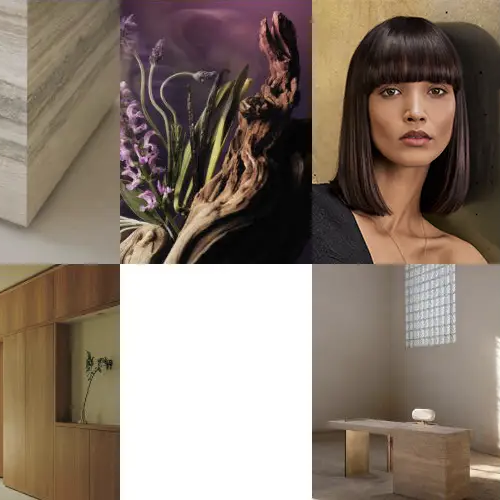 - Paris Parker Aveda Salons and Spas - Baton Rouge, New Orleans, Mandeville, LA A collage of five images: a stone surface, purple flowers with driftwood, a woman with straight dark hair—perfect for a balayage look—a wooden cabinet, and a minimalist desk in a sunlit room. - Paris Parker Aveda Salons and Spas - Baton Rouge, New Orleans, Mandeville, LA