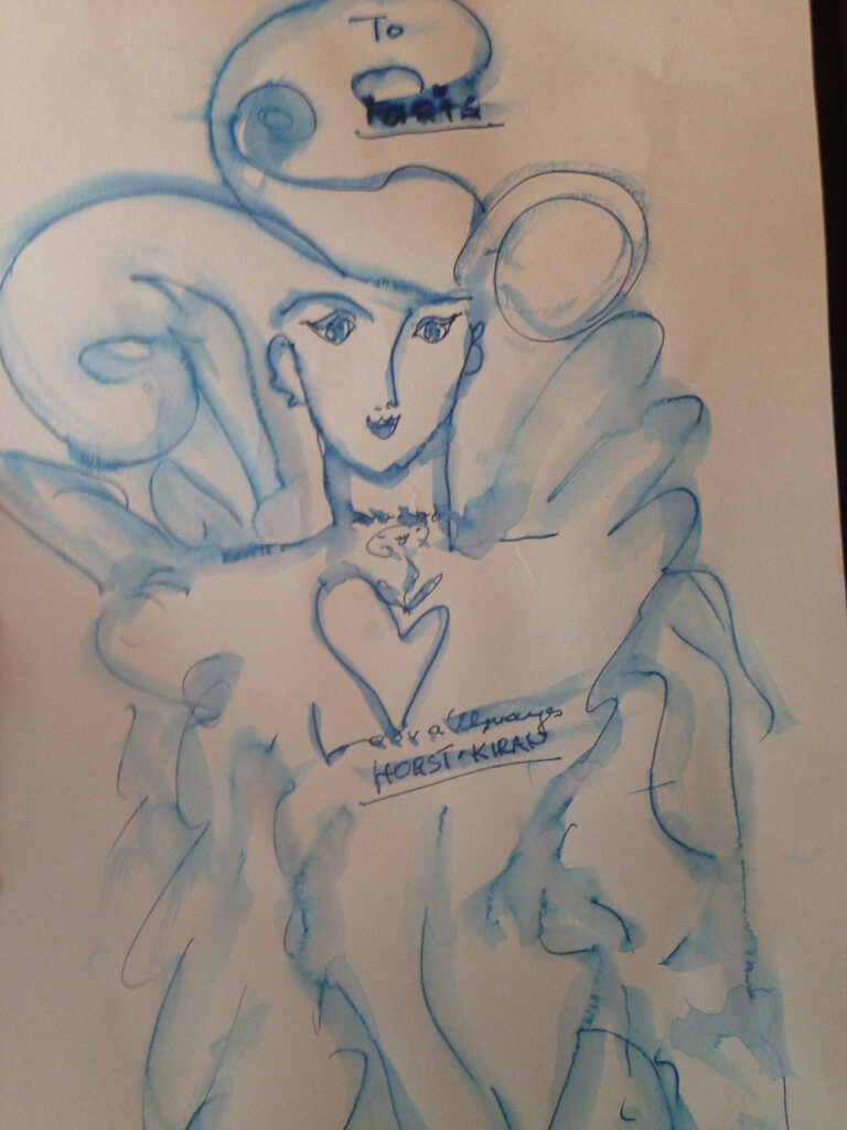 - Paris Parker Aveda Salons and Spas - Baton Rouge, New Orleans, Mandeville, LA Abstract watercolor drawing of a figure with large, swirling shapes around the head and shoulders, heart motif on the chest, and handwritten names and messages—like a vibrant mural found in an Aveda Salon. - Paris Parker Aveda Salons and Spas - Baton Rouge, New Orleans, Mandeville, LA