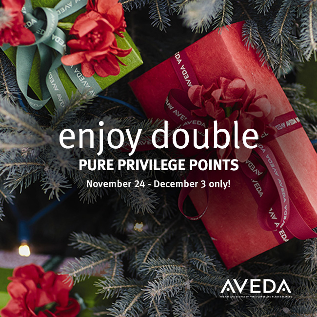 - Paris Parker Aveda Salons and Spas - Baton Rouge, New Orleans, Mandeville, LA Aveda promotion poster with wrapped gifts on a tree, promoting double Pure Privilege Points from November 24 to December 3—perfect for treating yourself to a Facial or a relaxing Day Spa experience. - Paris Parker Aveda Salons and Spas - Baton Rouge, New Orleans, Mandeville, LA