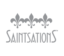 - Paris Parker Aveda Salons and Spas - Baton Rouge, New Orleans, Mandeville, LA Gray fleur-de-lis symbols above the word "SAINTSATIONS" in stylized, uppercase letters on a light background, perfect for an Aveda Salon or day spa seeking a refined, facial-inspired logo. - Paris Parker Aveda Salons and Spas - Baton Rouge, New Orleans, Mandeville, LA